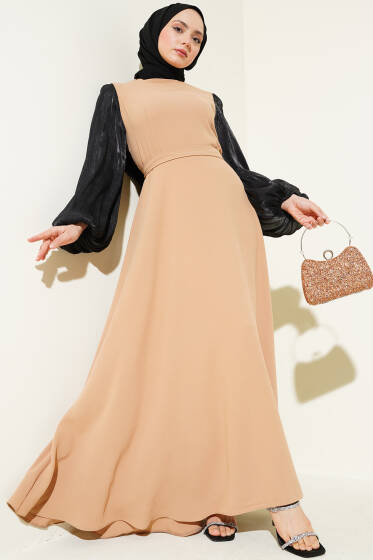 Jakar Balon Kol Kuşaklı Elbise Camel - Elbise