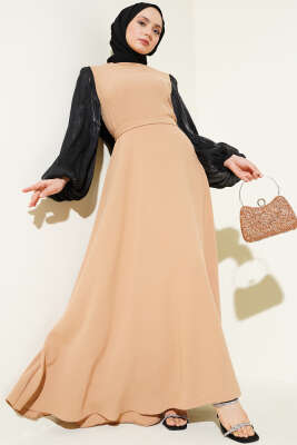 Jakar Balon Kol Kuşaklı Elbise Camel - Tesettür Elbise