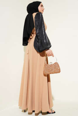 Jakar Balon Kol Kuşaklı Elbise Camel - Tesettür Elbise