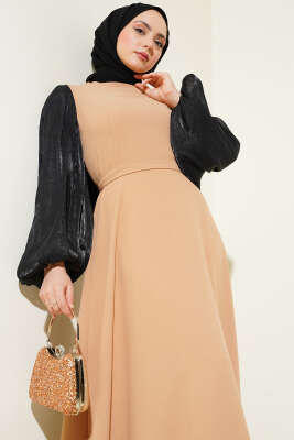 Jakar Balon Kol Kuşaklı Elbise Camel - Tesettür Elbise