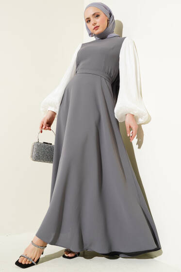 Jakar Balon Kol Kuşaklı Elbise Füme - Elbise