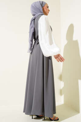 Jakar Balon Kol Kuşaklı Elbise Füme - Tesettür Elbise