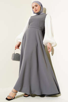 Jakar Balon Kol Kuşaklı Elbise Füme 