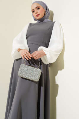 Jakar Balon Kol Kuşaklı Elbise Füme - Tesettür Elbise