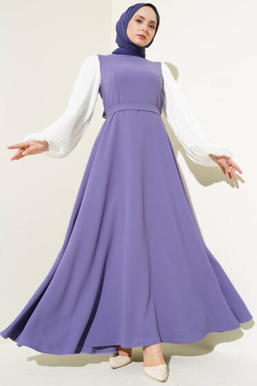 Jakar Balon Kol Kuşaklı Elbise Lila - Tesettür Elbise