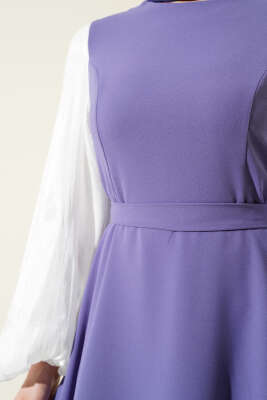 Jakar Balon Kol Kuşaklı Elbise Lila - Tesettür Elbise