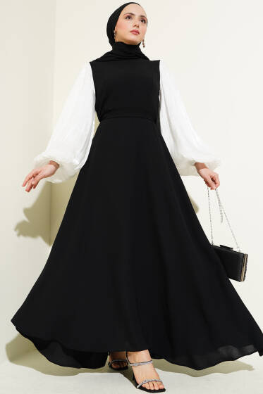 Jakar Balon Kol Kuşaklı Elbise Siyah - Elbise