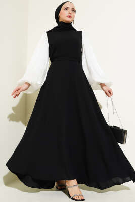 Jakar Balon Kol Kuşaklı Elbise Siyah 