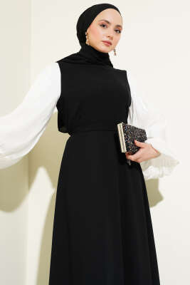 Jakar Balon Kol Kuşaklı Elbise Siyah - Tesettür Elbise