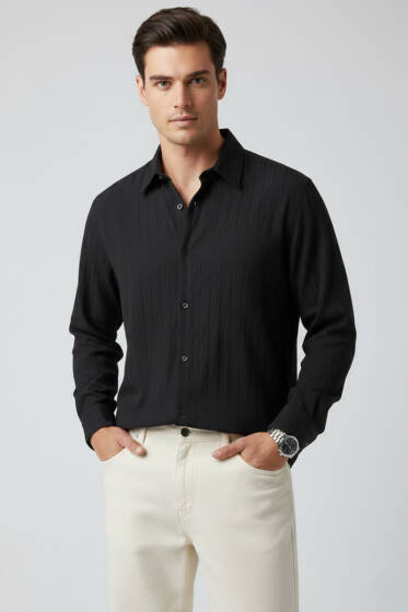 Jakar Çizgili Erkek Gömlek Siyah - Erkek Gömlek