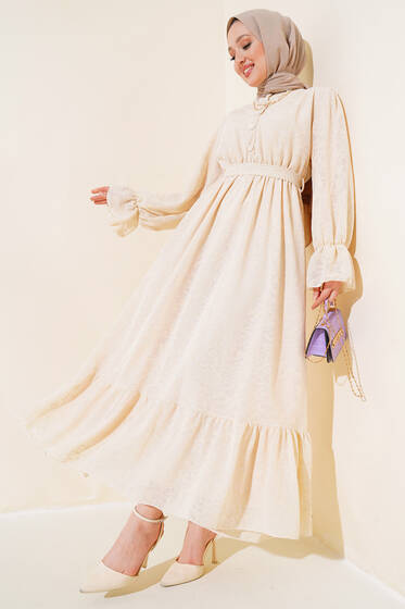 Jakar Desen Fırfırlı Elbise Ekru - Tesettür Elbise