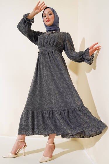 Jakar Desen Fırfırlı Elbise Füme - Tesettür Elbise