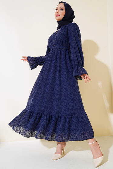 Jakar Desen Fırfırlı Elbise Lacivert - Tesettür Elbise