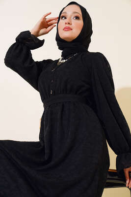 Jakar Desen Fırfırlı Elbise Siyah - Thumbnail