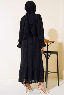 Jakar Desen Fırfırlı Elbise Siyah - Thumbnail