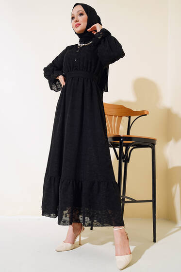 Jakar Desen Fırfırlı Elbise Siyah - Tesettür Elbise
