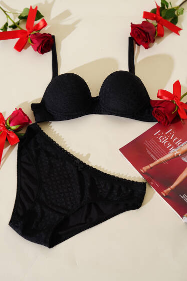 Jakar Desenli Destekli Sütyen Takım Siyah - Destekli Sütyen Takım