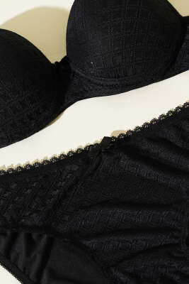 Jakar Desenli Destekli Sütyen Takım Siyah - Yılın Fırsatı