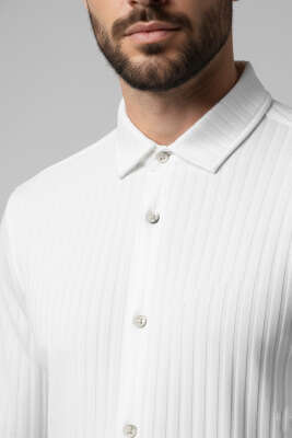 Jakar Desenli Dik Çizgili Erkek Gömlek Beyaz - Yeni Erkek Giyim