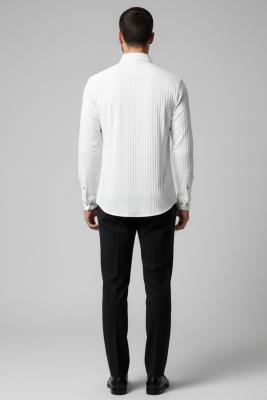 Jakar Desenli Dik Çizgili Erkek Gömlek Beyaz - Yeni Erkek Giyim