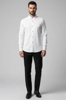 Jakar Desenli Dik Çizgili Erkek Gömlek Beyaz - Yeni Erkek Giyim