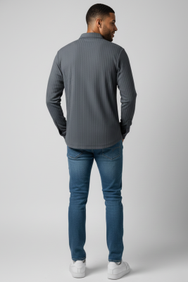 Jakar Desenli Dik Çizgili Erkek Gömlek Füme - Yeni Erkek Giyim