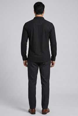 Jakar Desenli Dik Çizgili Erkek Gömlek Siyah - Yeni Erkek Giyim