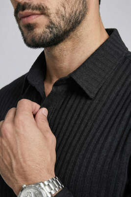 Jakar Desenli Dik Çizgili Erkek Gömlek Siyah - Yeni Erkek Giyim