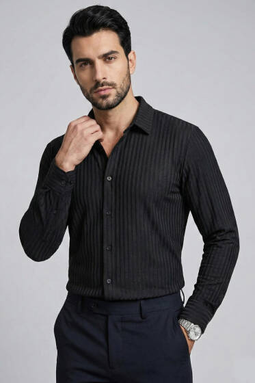 Jakar Desenli Dik Çizgili Erkek Gömlek Siyah - Yeni Erkek Giyim