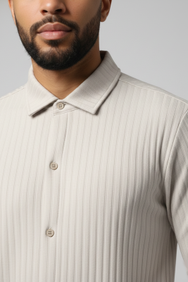 Jakar Desenli Dik Çizgili Erkek Gömlek Taş - Yeni Erkek Giyim