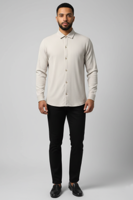 Jakar Desenli Dik Çizgili Erkek Gömlek Taş - Yeni Erkek Giyim