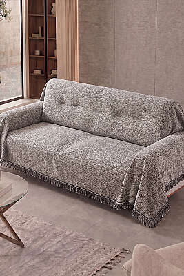 Jakar Desenli Püsküllü Koltuk Örtüsü Ekru - HOBBY HOME