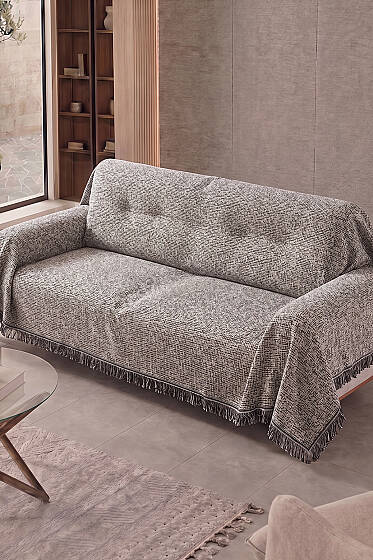 Jakar Desenli Püsküllü Koltuk Örtüsü Ekru - Koltuk Örtüsü