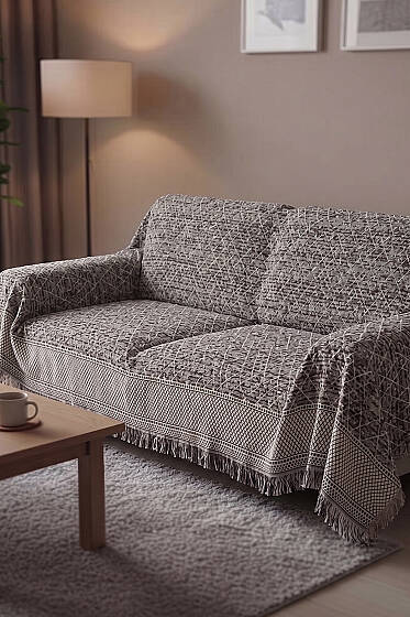 Jakar Desenli Püsküllü Koltuk Örtüsü Gri - Koltuk Örtüsü