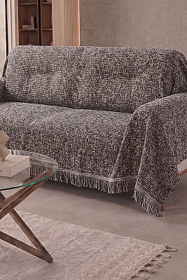 Jakar Desenli Püsküllü Koltuk Örtüsü Kahve - HOBBY HOME