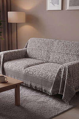 Jakar Desenli Püsküllü Koltuk Örtüsü Vizon 