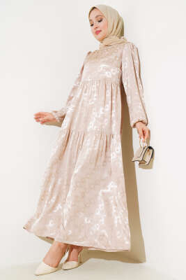 Jakar Desenli Salaş Elbise Bej - Tesettür Elbise