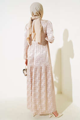 Jakar Desenli Salaş Elbise Bej - Tesettür Elbise