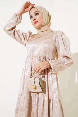 Jakar Desenli Salaş Elbise Bej - Tesettür Elbise