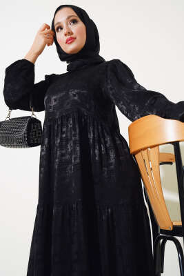 Jakar Desenli Salaş Elbise Siyah - Tesettür Elbise