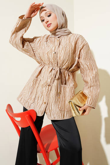 Jakar Kabartma Desenli Ceket Bej - Ceket