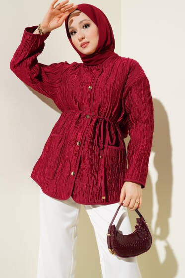 Jakar Kabartma Desenli Ceket Bordo - Ceket