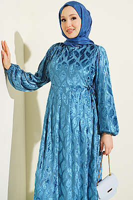 Jakar Pile Detaylı Elbise Mavi - Tesettür Elbise