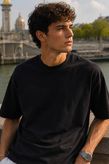 Jakarlı Bisiklet Yaka Erkek T-shirt Siyah - Erkek Bisiklet Yaka Tişört