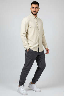 Jakarlı Çizgili Erkek Gömlek Bej - Erkek Gömlek