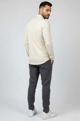 Jakarlı Çizgili Erkek Gömlek Bej - Erkek Gömlek