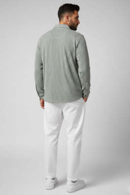 Jakarlı Çizgili Erkek Gömlek Haki - Erkek Gömlek