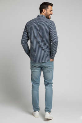 Jakarlı Çizgili Erkek Gömlek Lacivert - Erkek Gömlek