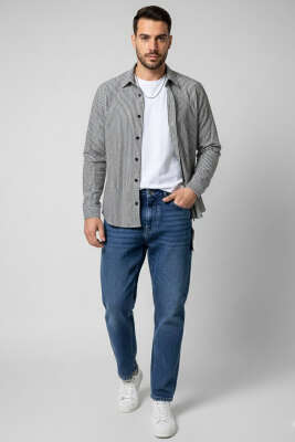 Jakarlı Çizgili Erkek Gömlek Siyah - Erkek Gömlek