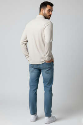 Jakarlı Çizgili Erkek Gömlek Taş - Erkek Gömlek